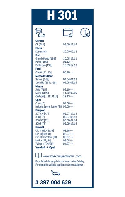 BOSCH 3 397 004 629 Číslo výrobce: H 301. EAN: 3165143609231.