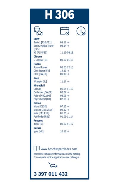 BOSCH 3 397 011 432 Číslo výrobce: H 306. EAN: 4047024867017.