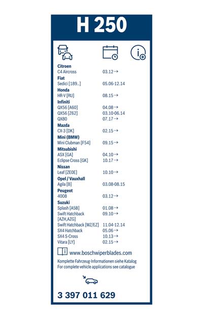 BOSCH 3 397 011 629 Číslo výrobce: H 250. EAN: 4047025104098.