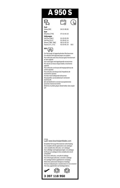 BOSCH 3 397 118 950 Číslo výrobce: A 950 S. EAN: 3165143377161.