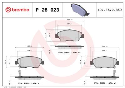 BREMBO P 28 023 Číslo výrobce: 21695. EAN: 8020584052570.