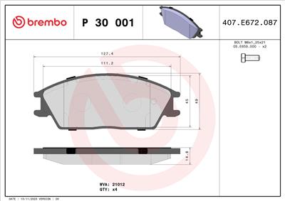 BREMBO P 30 001 Číslo výrobce: 21012. EAN: 8020584052716.