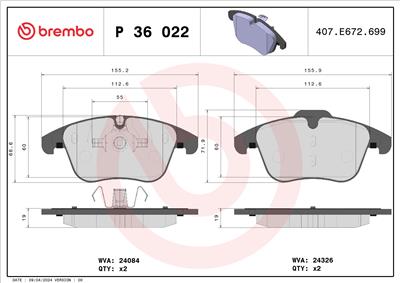 BREMBO P 36 022 Číslo výrobce: 24326. EAN: 8020584060889.
