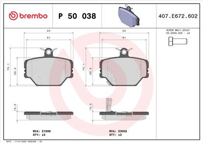 BREMBO P 50 038 Číslo výrobce: 23002. EAN: 8020584054109.