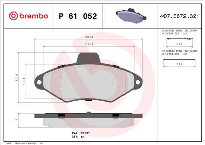 BREMBO P 61 052 Číslo výrobce: 21631. EAN: 8020584056288.