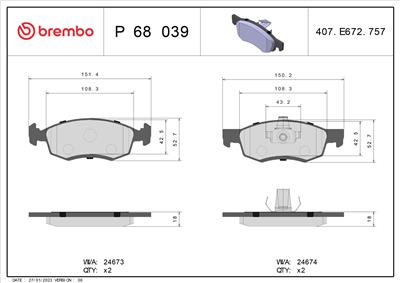 BREMBO P 68 039 Číslo výrobce: 24674. EAN: 8020584061909.