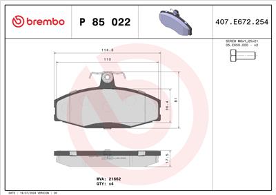 BREMBO P 85 022 Číslo výrobce: 21662. EAN: 8020584058251.