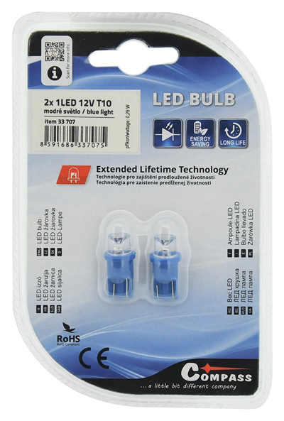 33707 Žárovka 1LED 12V T10 modrá 2ks