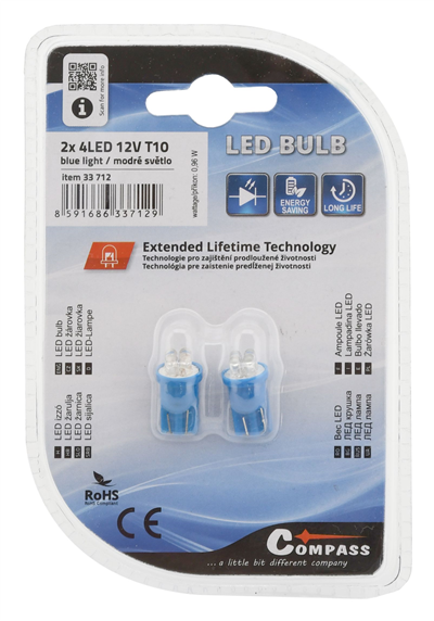33712 Žárovka 4LED 12V T10 modrá 2ks