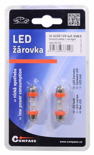33722 Žárovka 4LED 12V suf. SV8.5 38mm červená 2ks