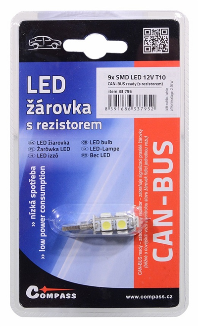 33795 Žárovka 9 SMD LED 12V T10 s rezistorem CAN-BUS ready bílá