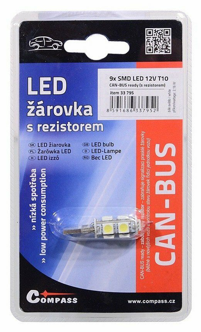 33795 Žárovka 9 SMD LED 12V T10 s rezistorem CAN-BUS ready bílá