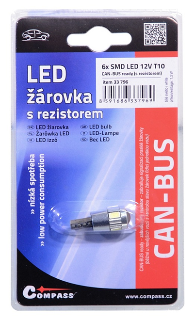 33796 Žárovka 6 SMD LED 12V T10 s rezistorem CAN-BUS ready bílá