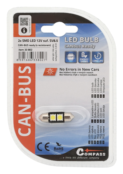 33802 Žárovka 2 SMD LED 12V suf. SV8.5 32mm s rezistorem CAN-BUS ready bílá