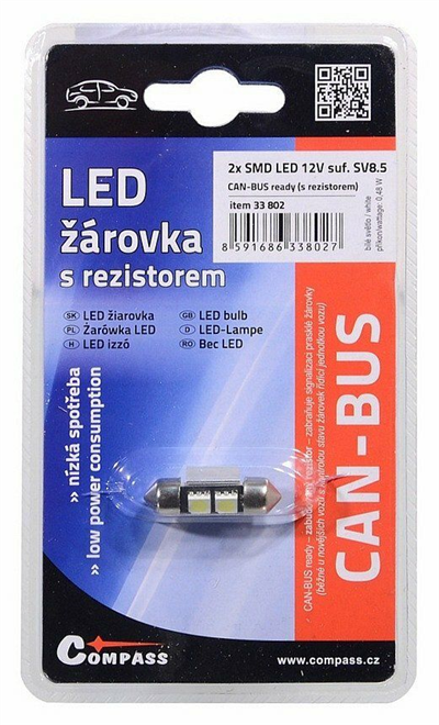 33802 Žárovka 2 SMD LED 12V suf. SV8.5 32mm s rezistorem CAN-BUS ready bílá