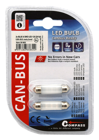 33832 Žárovka 6 LED SMD 12V suf.10X39 SV8.5 NEW-CAN-BUS modrá 2ks