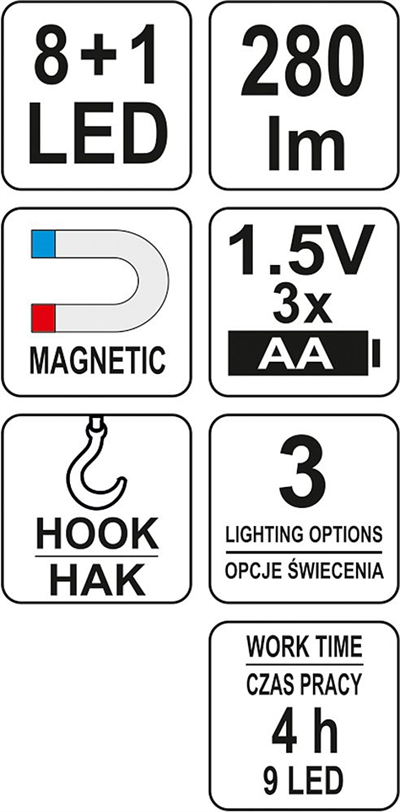Lampa montážní 8+1 LED, hák+magnet