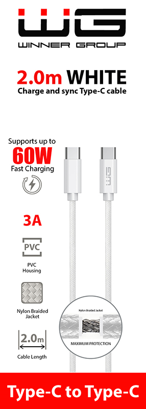 Datový kabel type-C_type-C, 3 A, bílý, 2 m
