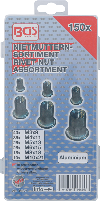 BGS 14127, Sada nýtovacích matic hliník 150dílná