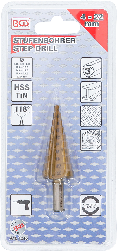 BGS 1618, Kónický vrták s titanovým povrchem O 4 - 22 mm