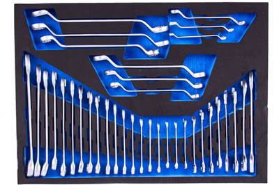 Sada očkoplochých, plochých a vyhnutých očkových klíčů ve vložce do dílenského vozíku, 36 dílů