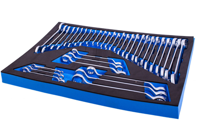 Sada očkoplochých, plochých a vyhnutých očkových klíčů ve vložce do dílenského vozíku, 36 dílů