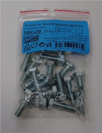 Šrouby 6hranné DIN 933, pozinkované, různé rozměry