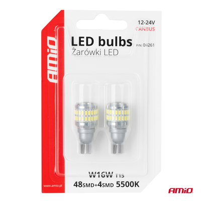 LED žárovky CANBUS T15 W16W 48SMD 4SMD 3014 3030 Bíla 12V 24V AMiO-04261