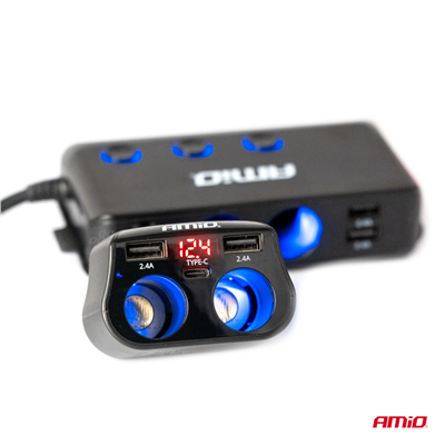 Dvojitá prodlužovací zásuvka 2xUSB 1xUSB C 12/24V max 200W AMiO-04173