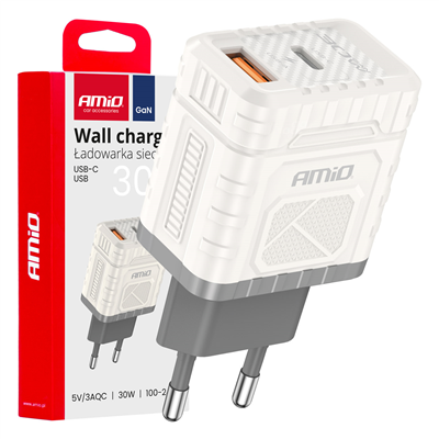 Síťová nabíječka Quick Charge GaN 30W USB-A + USB-C AMiO-04286