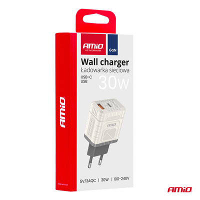Síťová nabíječka Quick Charge GaN 30W USB-A + USB-C AMiO-04286
