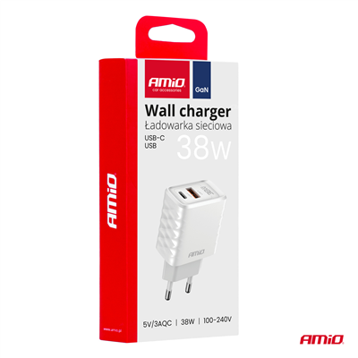 Síťová nabíječka Quick Charger GaN 38W USB-A + USB-C AMiO-04287