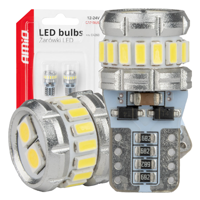 LED žárovky CANBUS T10 W5W 16SMD 2SMD 3014 3030 Bílé 12V 24V AMiO-04260