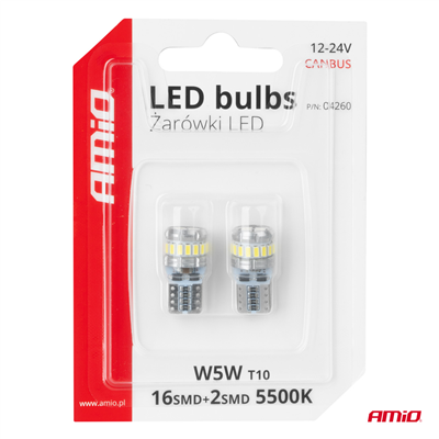 LED žárovky CANBUS T10 W5W 16SMD 2SMD 3014 3030 Bílé 12V 24V AMiO-04260