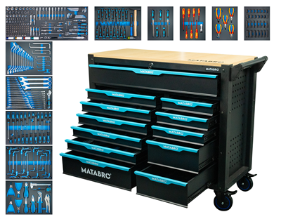 Matabro MB-TC06, Dílenský vozík s nářadím | 12 zásuvek | Modrý | 360 ks