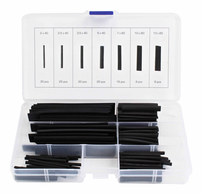 Bužírky - smršťovací hadičky, 13x85-2x40 mm, černé, sada 127 ks